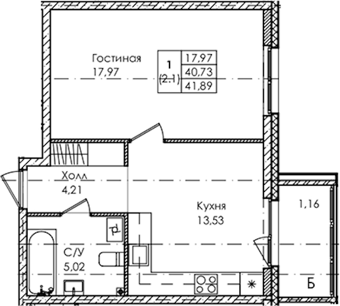1-комнатная квартира 41.89 м², 2/4 эт., ЖК «Лисино»