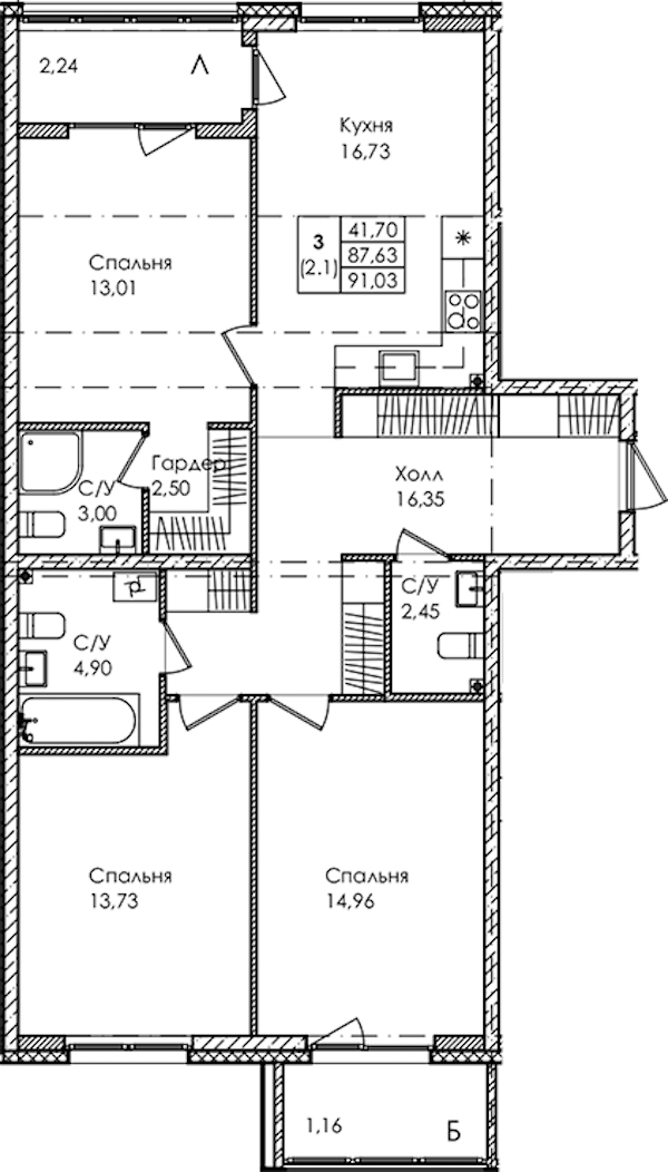 3-комнатная квартира 91.03 м², 2/4 эт., ЖК «Лисино»