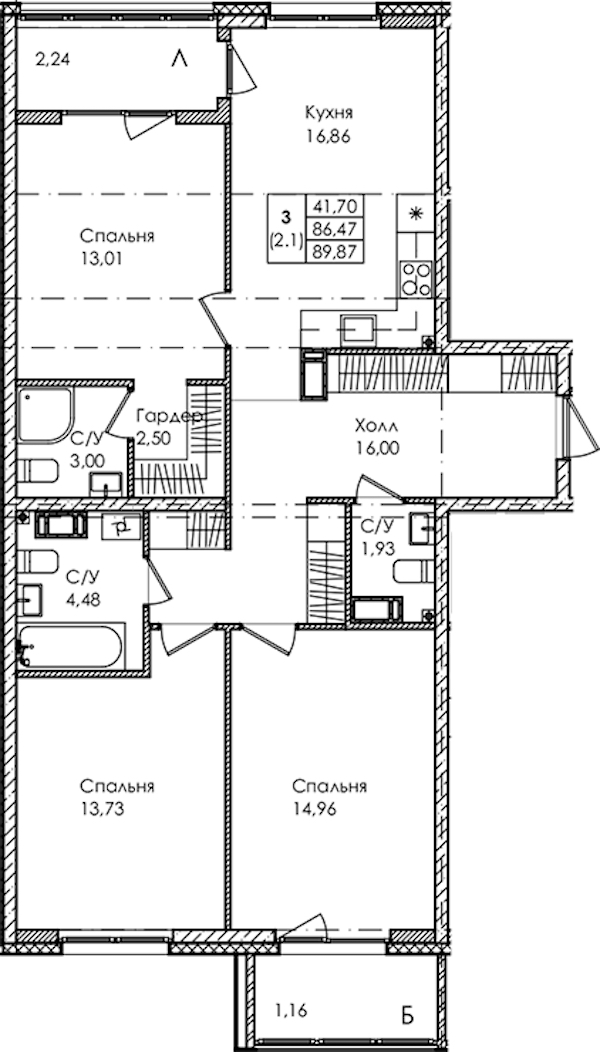 3-комнатная квартира 89.87 м², 3/4 эт., ЖК «Лисино»