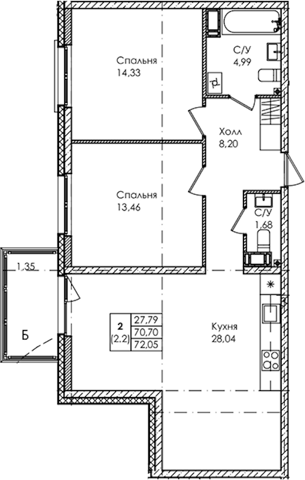 2-комнатная квартира 72.05 м², 4/4 эт., ЖК «Лисино»