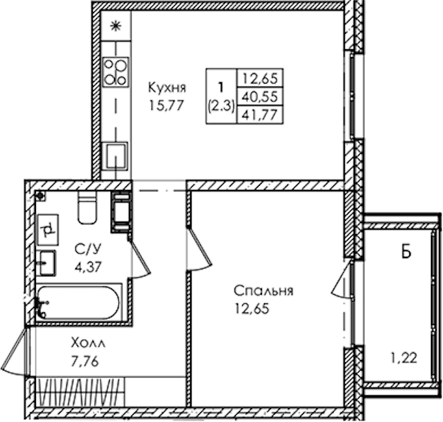 1-комнатная квартира 41.77 м², 4/4 эт., ЖК «Лисино»