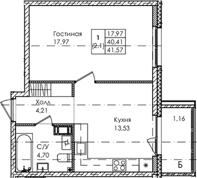 1-комнатная квартира 41.57 м², 4/4 эт., ЖК «Лисино»