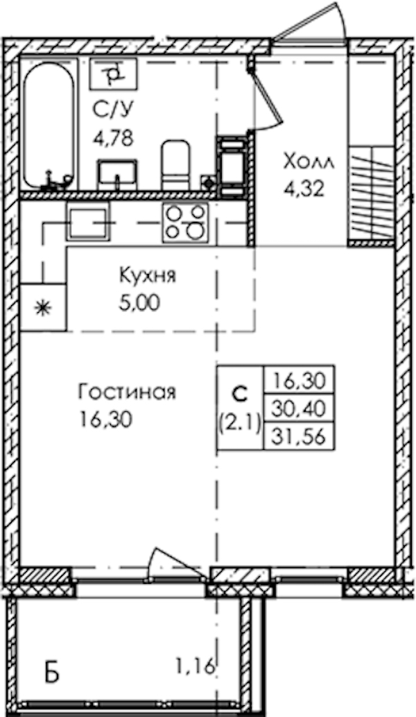 Квартира студия 31.56 м², 4/4 эт., ЖК «Лисино»