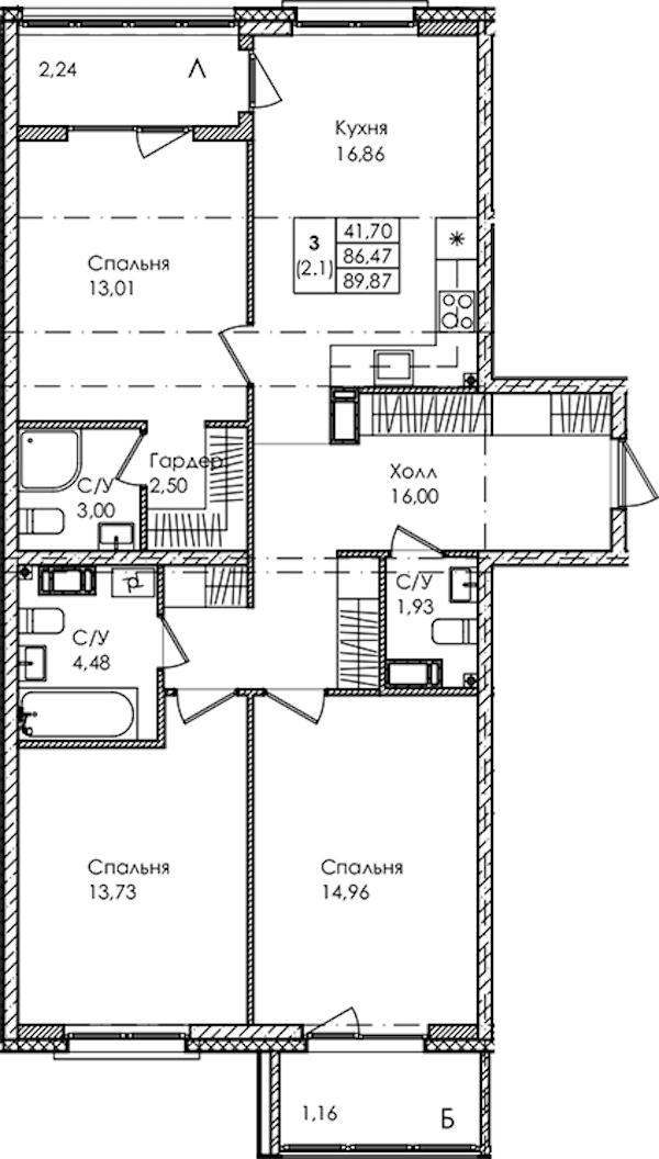 3-комнатная квартира 89.87 м², 4/4 эт., ЖК «Лисино»
