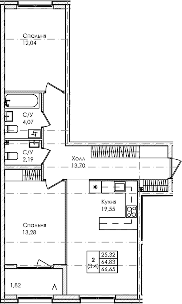 2-комнатная квартира 66.65 м², 1/4 эт., ЖК «Лисино»