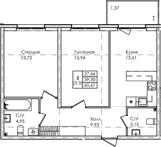 2-комнатная квартира 60.67 м², 1/4 эт., ЖК «Лисино»