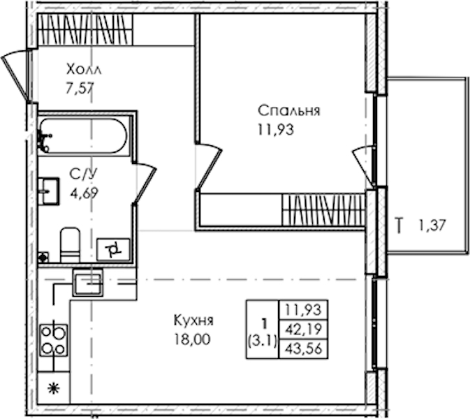 1-комнатная квартира 43.56 м², 1/4 эт., ЖК «Лисино»