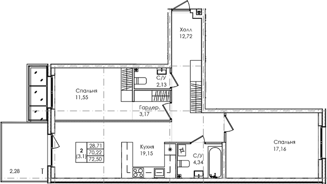 2-комнатная квартира 72.5 м², 1/4 эт., ЖК «Лисино»
