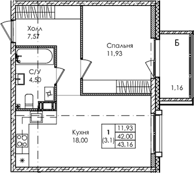 1-комнатная квартира 43.16 м², 2/4 эт., ЖК «Лисино»