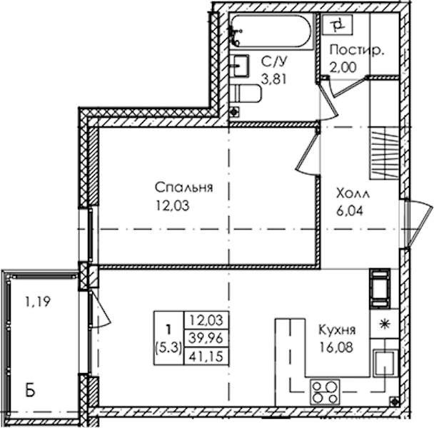 1-комнатная квартира 41.15 м², 2/4 эт., ЖК «Лисино»