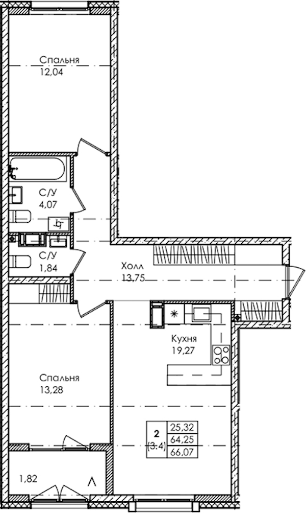 2-комнатная квартира 66.07 м², 3/4 эт., ЖК «Лисино»