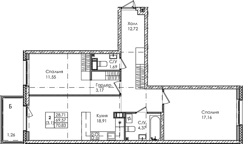 2-комнатная квартира 70.83 м², 3/4 эт., ЖК «Лисино»