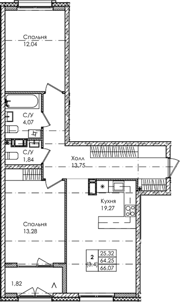 2-комнатная квартира 66.07 м², 4/4 эт., ЖК «Лисино»