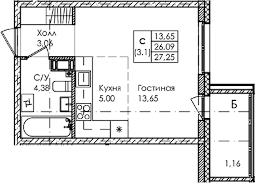 Квартира студия 27.25 м², 4/4 эт., ЖК «Лисино»