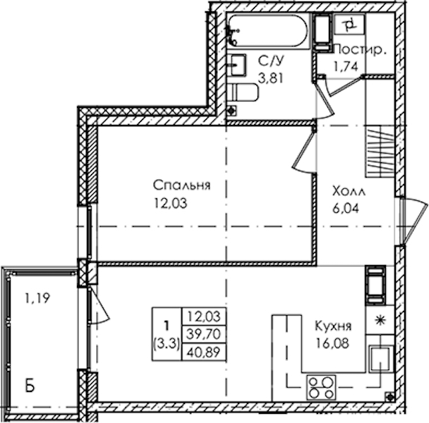 1-комнатная квартира 40.89 м², 4/4 эт., ЖК «Лисино»