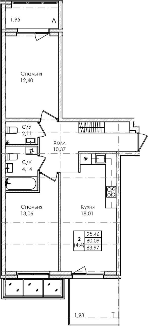2-комнатная квартира 63.97 м², 1/4 эт., ЖК «Лисино»