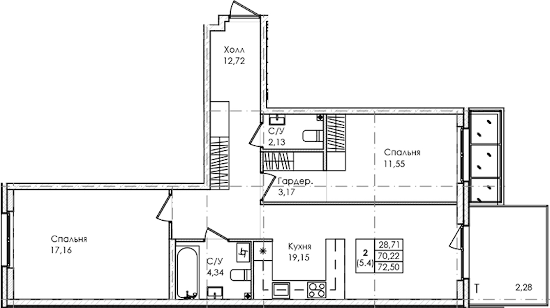 2-комнатная квартира 72.5 м², 1/4 эт., ЖК «Лисино»