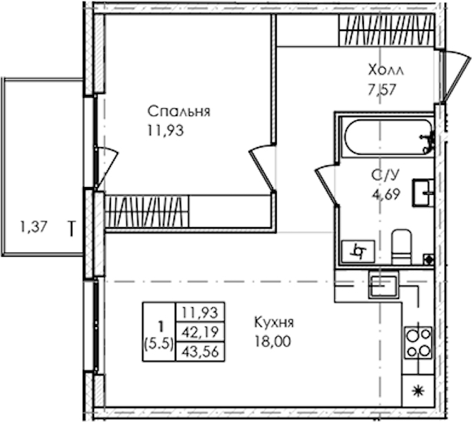 1-комнатная квартира 43.56 м², 1/4 эт., ЖК «Лисино»