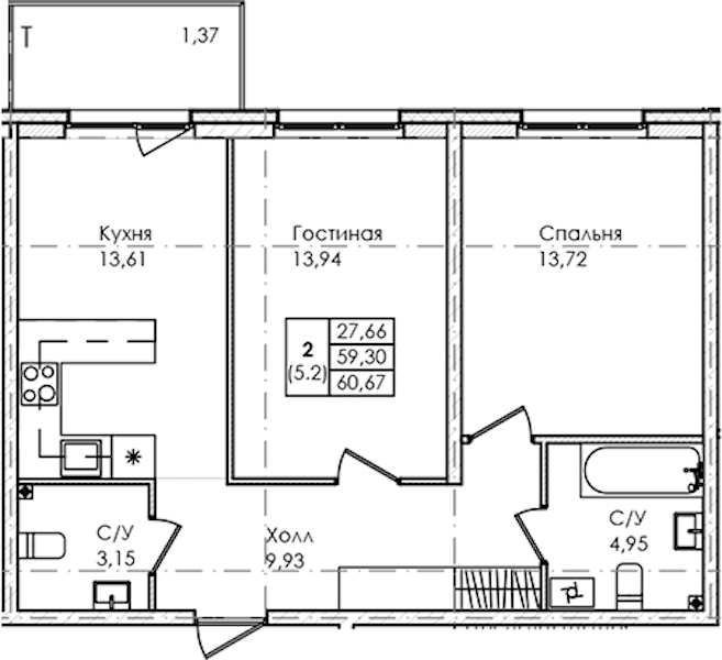 2-комнатная квартира 60.67 м², 1/4 эт., ЖК «Лисино»