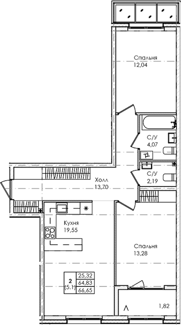 2-комнатная квартира 66.65 м², 1/4 эт., ЖК «Лисино»