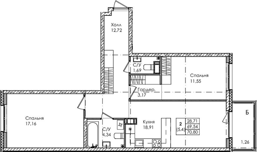 2-комнатная квартира 70.8 м², 2/4 эт., ЖК «Лисино»