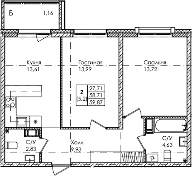 2-комнатная квартира 59.87 м², 2/4 эт., ЖК «Лисино»