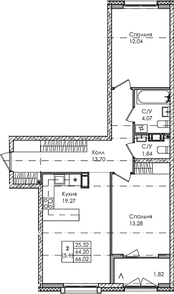 2-комнатная квартира 66.02 м², 2/4 эт., ЖК «Лисино»