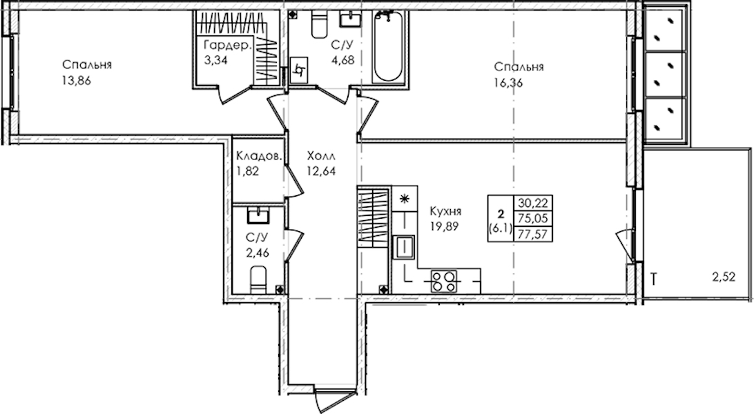 2-комнатная квартира 77.57 м², 1/4 эт., ЖК «Лисино»
