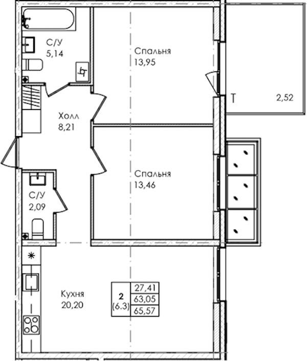 2-комнатная квартира 65.57 м², 1/4 эт., ЖК «Лисино»