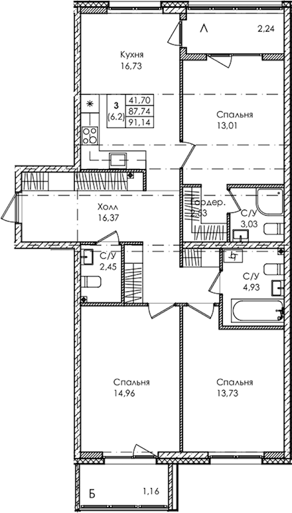 3-комнатная квартира 91.14 м², 2/4 эт., ЖК «Лисино»