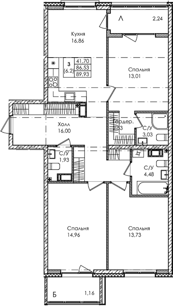 3-комнатная квартира 89.93 м², 3/4 эт., ЖК «Лисино»