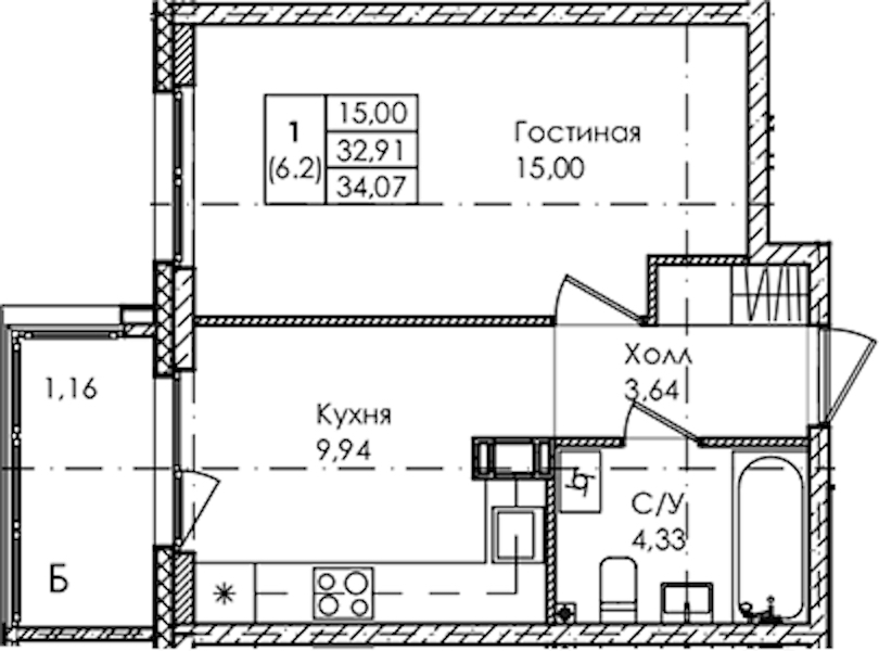 1-комнатная квартира 34.07 м², 3/4 эт., ЖК «Лисино»