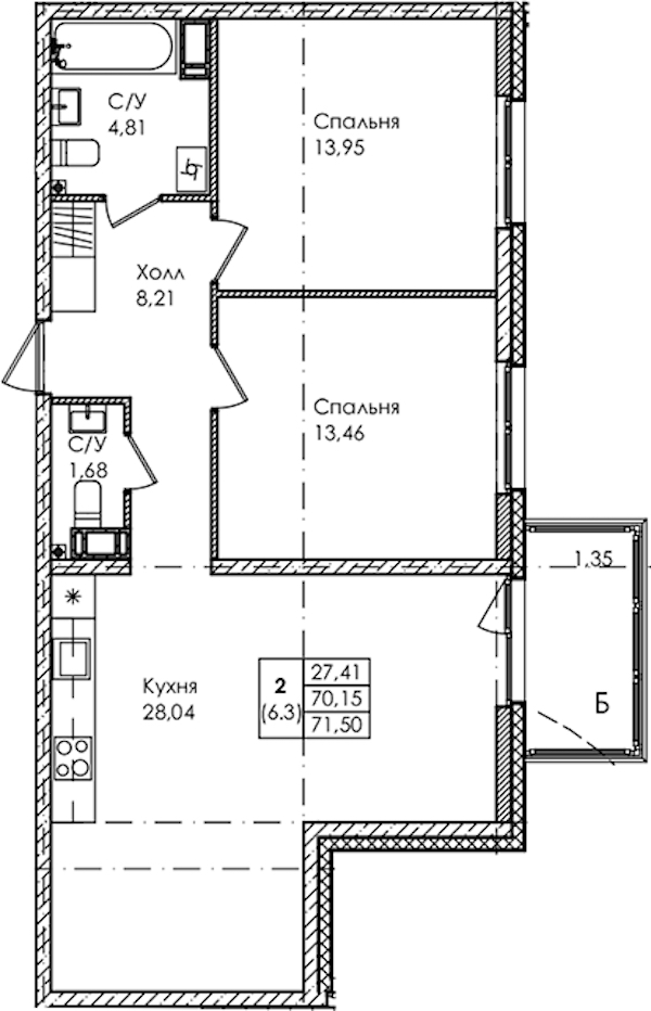 2-комнатная квартира 71.5 м², 3/4 эт., ЖК «Лисино»