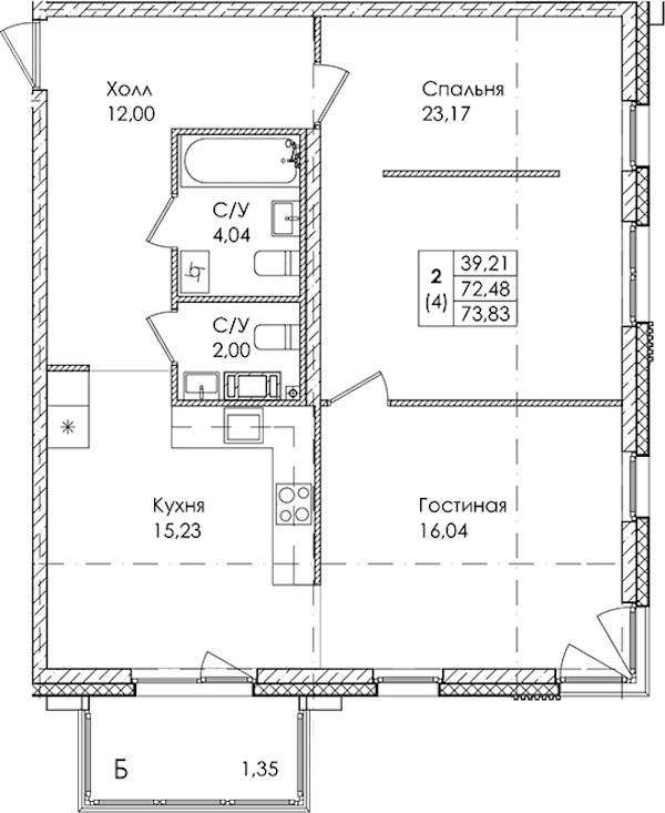2-комнатная квартира 73.83 м², 2/4 эт., ЖК «Лисино»