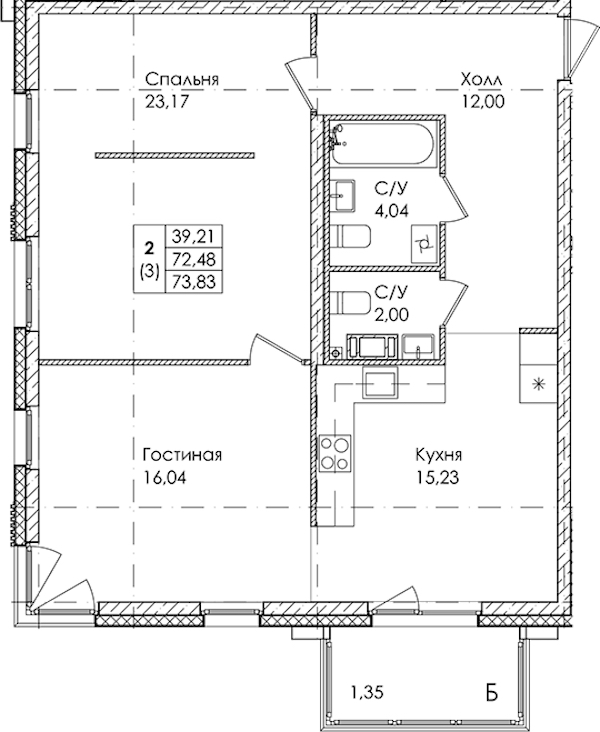2-комнатная квартира 73.83 м², 2/4 эт., ЖК «Лисино»