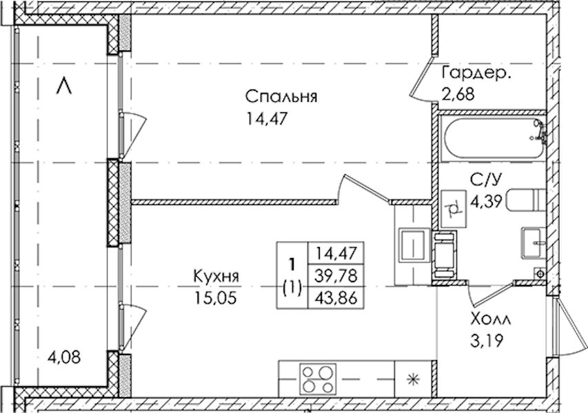 1-комнатная квартира 43.86 м², 2/4 эт., ЖК «Лисино»