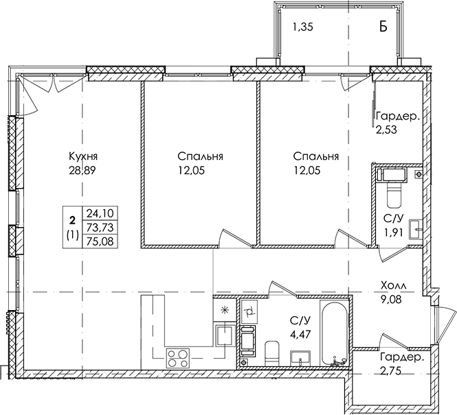 2-комнатная квартира 75.08 м², 3/4 эт., ЖК «Лисино»