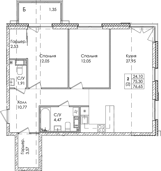 2-комнатная квартира 76.65 м², 3/4 эт., ЖК «Лисино»