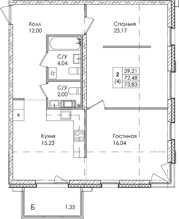 2-комнатная квартира 73.83 м², 3/4 эт., ЖК «Лисино»