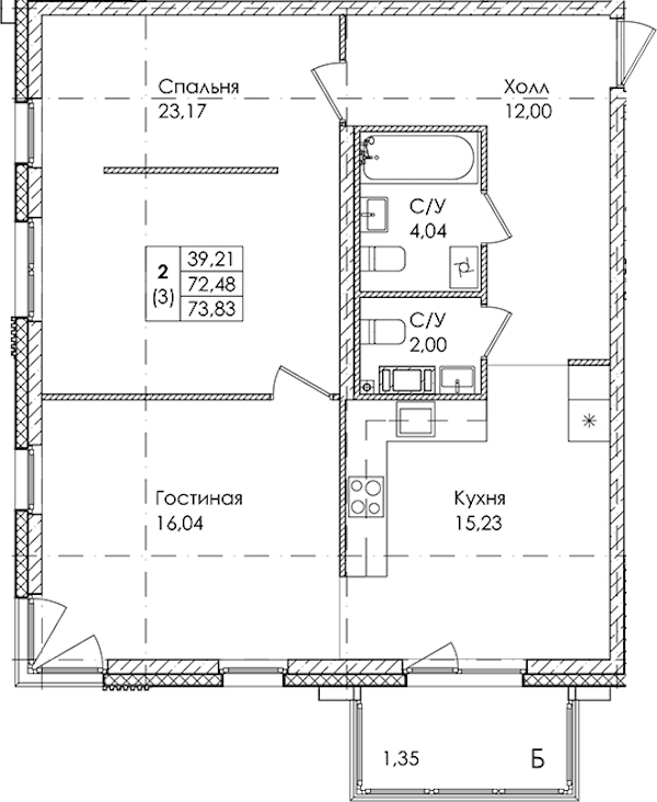 2-комнатная квартира 73.83 м², 3/4 эт., ЖК «Лисино»