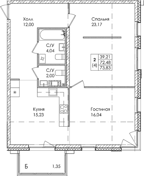 2-комнатная квартира 73.83 м², 4/4 эт., ЖК «Лисино»
