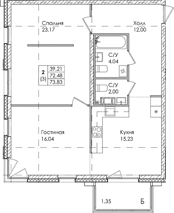 2-комнатная квартира 73.83 м², 4/4 эт., ЖК «Лисино»