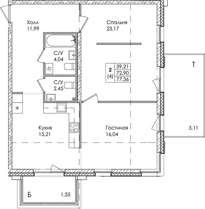 2-комнатная квартира 77.36 м², 1/4 эт., ЖК «Лисино»