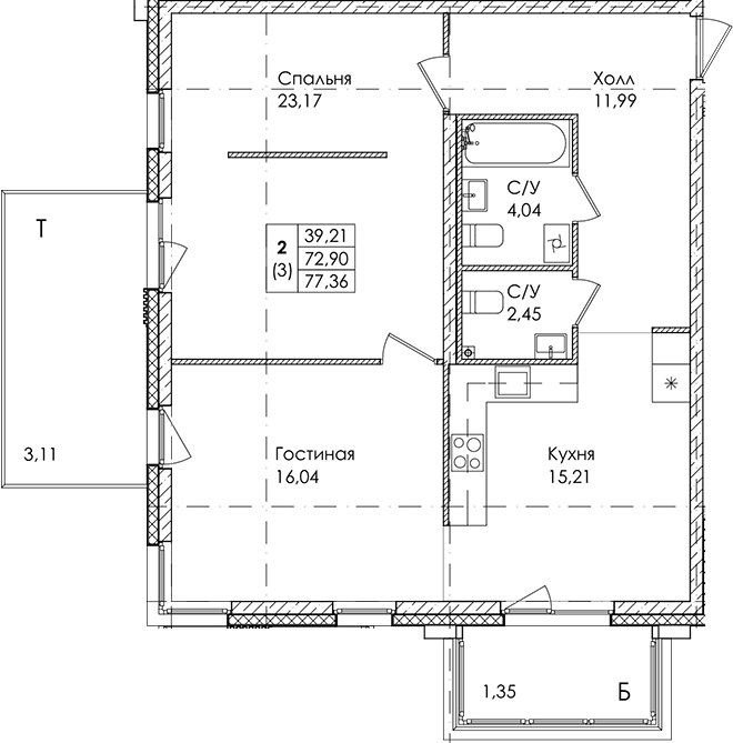 2-комнатная квартира 77.36 м², 1/4 эт., ЖК «Лисино»