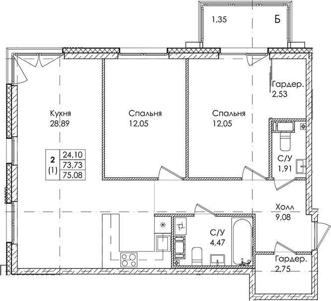 2-комнатная квартира 75.08 м², 2/4 эт., ЖК «Лисино»