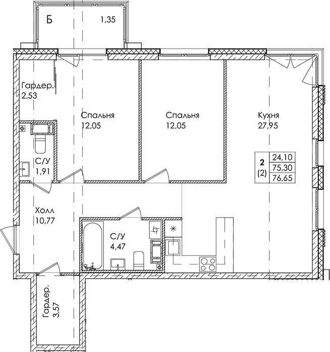 2-комнатная квартира 76.65 м², 2/4 эт., ЖК «Лисино»