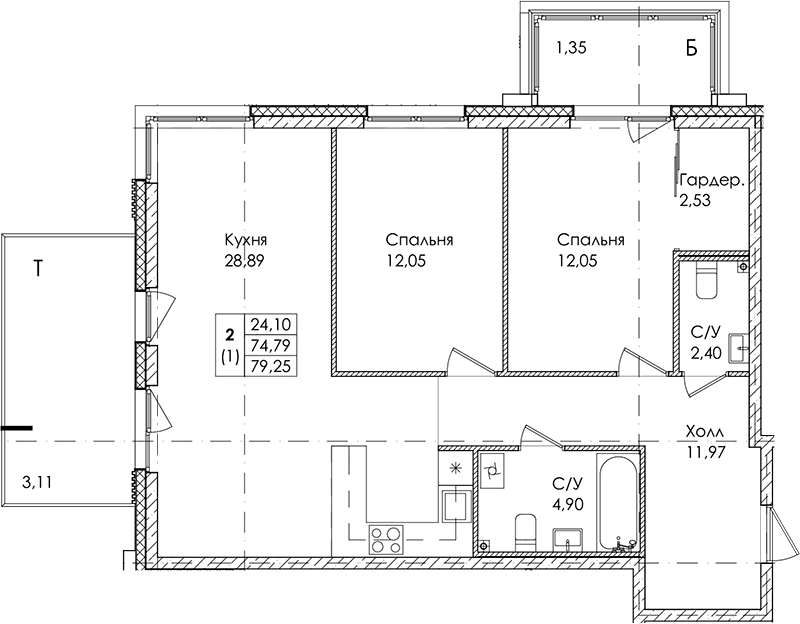 2-комнатная квартира 79.25 м², 1/4 эт., ЖК «Лисино»