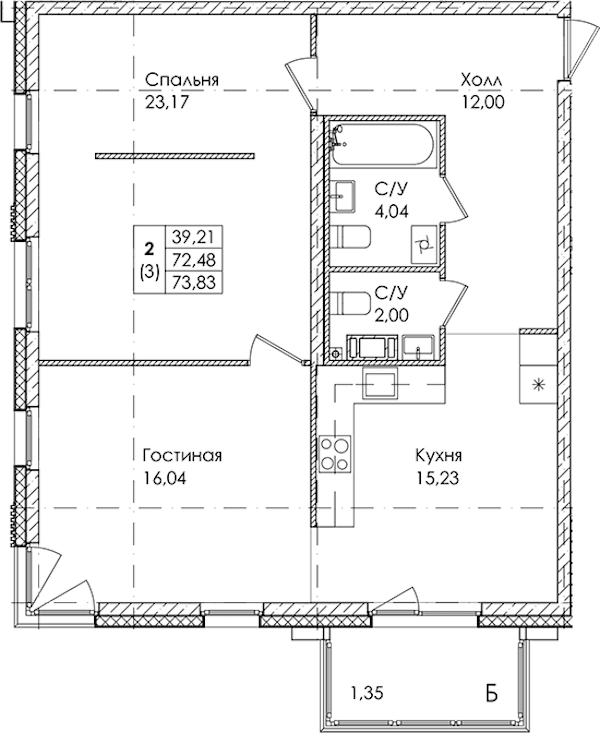 2-комнатная квартира 73.83 м², 2/4 эт., ЖК «Лисино»