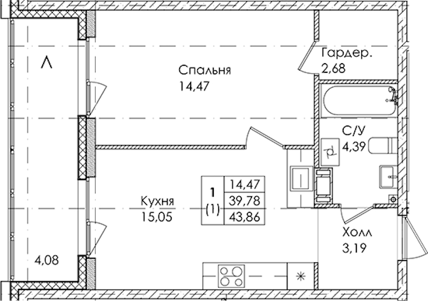 1-комнатная квартира 43.86 м², 2/4 эт., ЖК «Лисино»