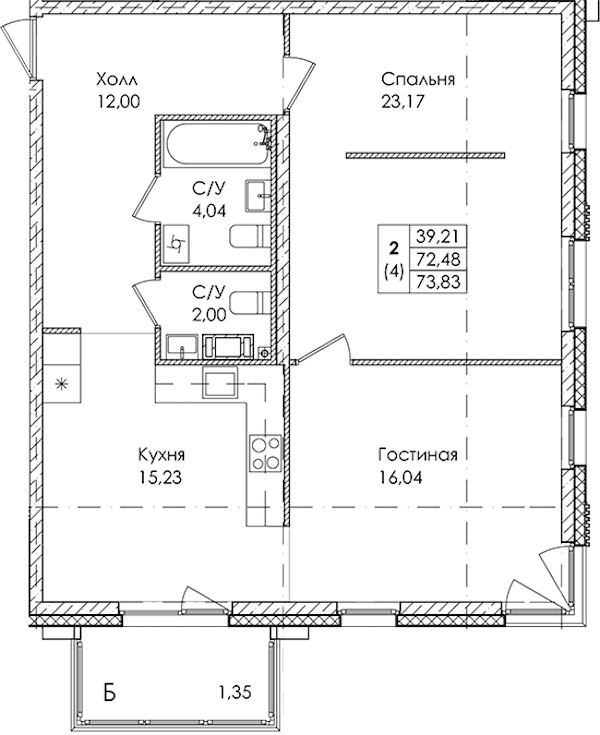 2-комнатная квартира 73.83 м², 3/4 эт., ЖК «Лисино»